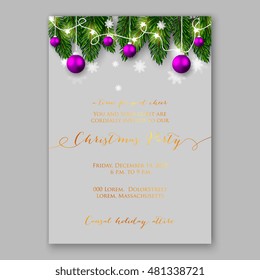 Christmas party invitation with holiday wreath of needle fir tree light garland, red balls
