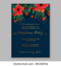 Christmas party invitation with holiday wreath of poinsettia, needle, holly