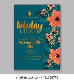 Christmas party invitation with holiday wreath of poinsettia, needle, holly