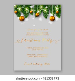 Christmas party invitation with holiday wreath of needle fir tree light garland, red balls