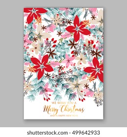 Christmas party invitation with holiday wreath of poinsettia, needle, holly Wedding invitation or card with tropical floral background. Greeting postcard vector chrysanthemum Valentine day  Luau Aloha