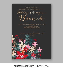 Christmas party invitation with holiday wreath of poinsettia, needle, holly Wedding invitation or card with tropical floral background. Greeting postcard vector chrysanthemum Valentine day  Luau Aloha