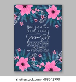 Christmas party invitation with holiday wreath of poinsettia, needle, holly Wedding invitation or card with tropical floral background. Greeting postcard vector chrysanthemum Valentine day  Luau Aloha