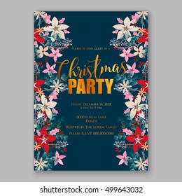 Christmas party invitation with holiday wreath of poinsettia, needle, holly Wedding invitation or card with tropical floral background. Greeting postcard vector chrysanthemum Valentine day  Luau Aloha