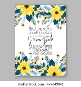 Christmas party invitation with holiday wreath of poinsettia, needle, holly Wedding invitation or card with tropical floral background. Greeting postcard vector chrysanthemum Valentine day  Luau Aloha