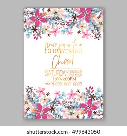 Christmas party invitation with holiday wreath of poinsettia, needle, holly Wedding invitation or card with tropical floral background. Greeting postcard vector chrysanthemum Valentine day  Luau Aloha