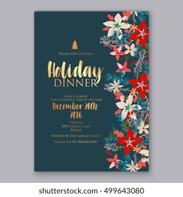 Christmas party invitation with holiday wreath of poinsettia, needle, holly Wedding invitation or card with tropical floral background. Greeting postcard vector chrysanthemum Valentine day  Luau Aloha