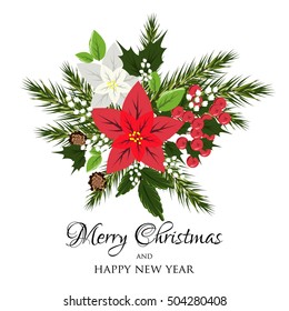 Christmas party invitation with holiday wreath of poinsettia, needle, holly Winter floral christmas wedding invitation background with flower poinsettia and fir branch pine branch mistletoe