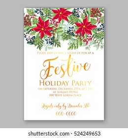 Christmas party invitation with holiday wreath of poinsettia, needle, holly wild Privet Berry