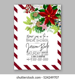 Christmas Party Invitation With Holiday Wreath Of Poinsettia, Needle, Holly Wild Privet Berry