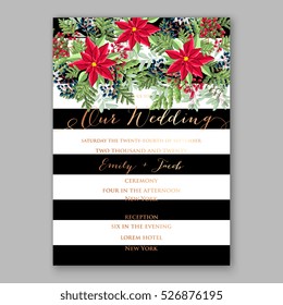 Christmas party invitation with holiday wreath of poinsettia, fir, pine needle, holly wild Privet Berry
Winter wedding Invitation