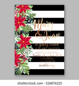Christmas party invitation with holiday wreath of poinsettia, fir, pine needle, holly wild Privet Berry
Winter wedding Invitation