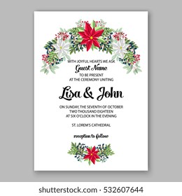 Christmas party invitation with holiday wreath of poinsettia, fir, pine needle, holly wild Privet Berry Winter wedding Invitation