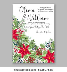 Christmas party invitation with holiday wreath of poinsettia, fir, pine needle, holly wild Privet Berry Winter wedding Invitation