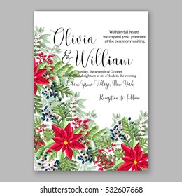 Christmas party invitation with holiday wreath of poinsettia, fir, pine needle, holly wild Privet Berry Winter wedding Invitation