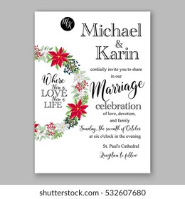 Christmas party invitation with holiday wreath of poinsettia, fir, pine needle, holly wild Privet Berry Winter wedding Invitation