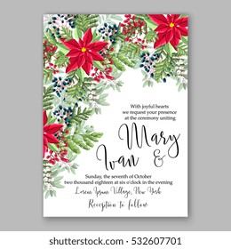 Christmas party invitation with holiday wreath of poinsettia, fir, pine needle, holly wild Privet Berry Winter wedding Invitation