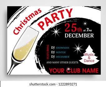 Christmas party invitation horizontal template with champagne wineglass. New Year background. Vector illustration.