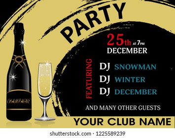 Christmas party invitation horizontal template with champagne bottle and wineglass. New Year background. Vector illustration.