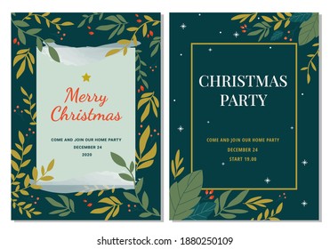 Christmas party invitation with leaf, floral and snowflake ornament vector illustration. used for invitation, printable image