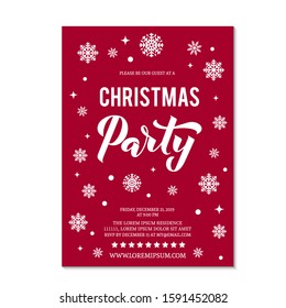 Christmas Party invitation with lettering and white snowflakes and dots on red background. Winter holidays celebration invite. Easy to edit vector template.