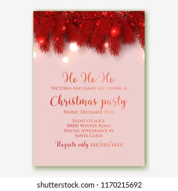 Christmas party invitation marsala fir tree light garland Winter holiday floral background of pine fir branches red burgundy