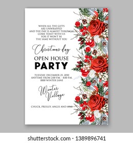  Christmas Party Invitation marsala rose fir burgundy peony winter wreath wedding invitation vector card template