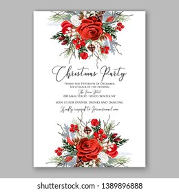  Christmas Party Invitation marsala rose fir burgundy peony winter wreath wedding invitation vector card template