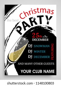 Christmas party invitation modern vertical template with champagne wineglass. New Year background. Vector illustration.