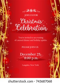 Christmas party invitation with Ornate golden snowflakes on red background - Possible to create holiday cards or banner.