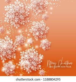 Christmas Party Invitation Paper cut origami snowflake orange peach background invitation template 