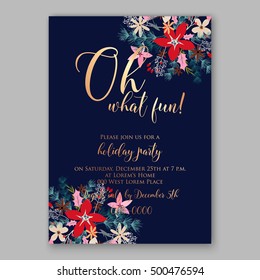 Christmas party invitation with pine branch and poinsettia Christmas party invitation with holiday wreath of poinsettia, needle, holly