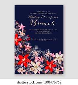 Christmas party invitation with pine branch and poinsettia Christmas holiday wreath of poinsettia, needle, holly