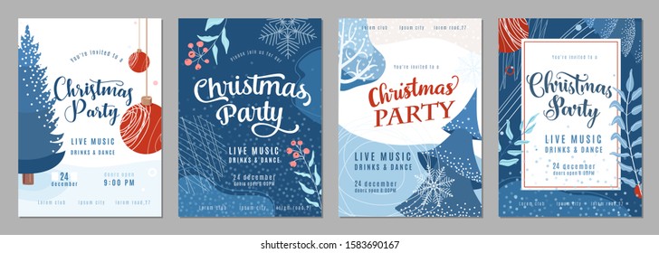 Christmas party invitation poster background in trendy flat style. Season holiday card set with snow, fir tree, snowflakes, christmas bauble and other graphic design elements. Winter decoration layout