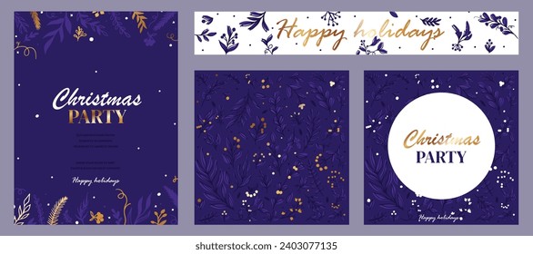 Christmas party invitation poster background in trendy flat style. Merry and Bright Corporate Holiday cards. Universal abstract creative artistic templates