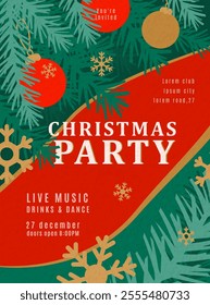 Christmas party invitation poster background vector illustration. Modern xmas template with typography, christmas tree, ball, snowflake. Winter pattern with textured effect.