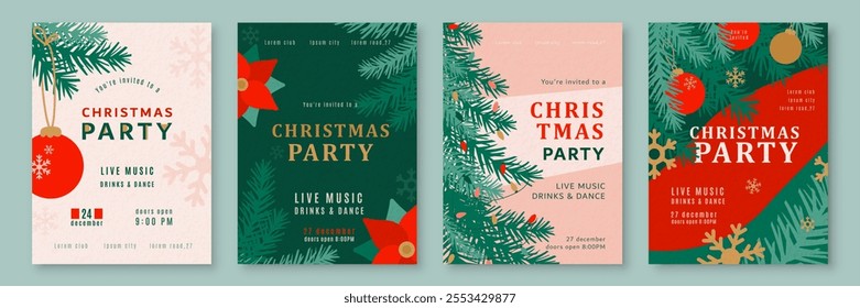 Christmas party invitation poster backgrounds set vector illustration. Modern xmas template with typography, christmas tree, ball, garland, snowflake. Winter pattern with textured effect.