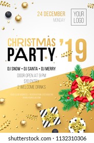 Christmas party invitation poster or card for 2019 Happy New Year holiday celebration. Vector new year gifts and golden stars with confetti glitter and gifts