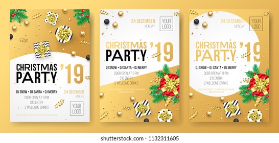 Christmas party invitation poster or card for 2019 Happy New Year holiday celebration. Vector design of golden confetti glitter and celebration gifts