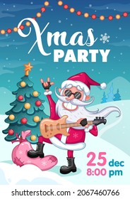 Christmas party invitation poster. Cool smile Santa Claus with electric guitar and black glasses standing on the gift bag. Winter background with christmas tree and snowfall. Cartoon illustration