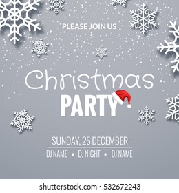 Christmas party invitation poster design. Retro typography and ornament decoration illustration with santa hat. Xmas holiday flyer or poster design template.