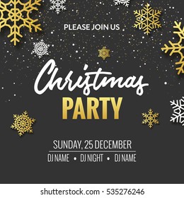 Christmas party invitation poster design. Retro gold typography decoration illustration. Xmas winter holiday flyer poster design template 2021