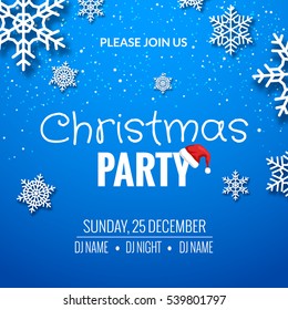 Christmas party invitation poster design. Retro typography and ornament decoration illustration with santa hat. Xmas holiday flyer or poster design blue template.