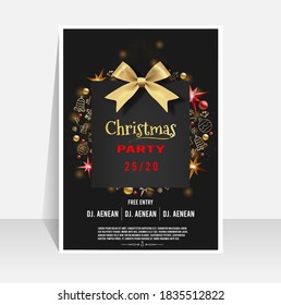 Christmas party invitation poster, flyer template design with stylized christmas bow and gold icon winter element. Vector illustration Eps 10.