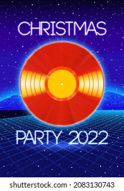 Christmas party invitation poster or flyer with 80s neon style and vinyl lp for dj