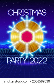 Christmas party invitation poster or flyer with 80s neon style and vinyl lp for dj