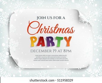Christmas party invitation poster, flyer or brochure template. White curved, paper banner, scroll.  Vector illustration.