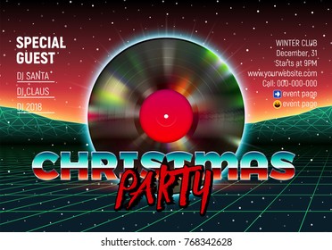 Christmas party invitation poster or flyer with vinyl lp for dj and retro 80s neon styled landscape