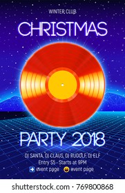 Christmas party invitation poster or flyer with vinyl lp for dj and retro 80s neon styled landscape
