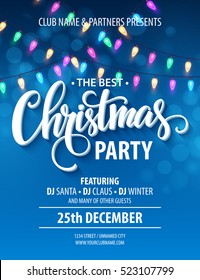 Christmas party invitation poster with hand lettering label merry christmas with shiny garland on blackboard. Vector illustration EPS10